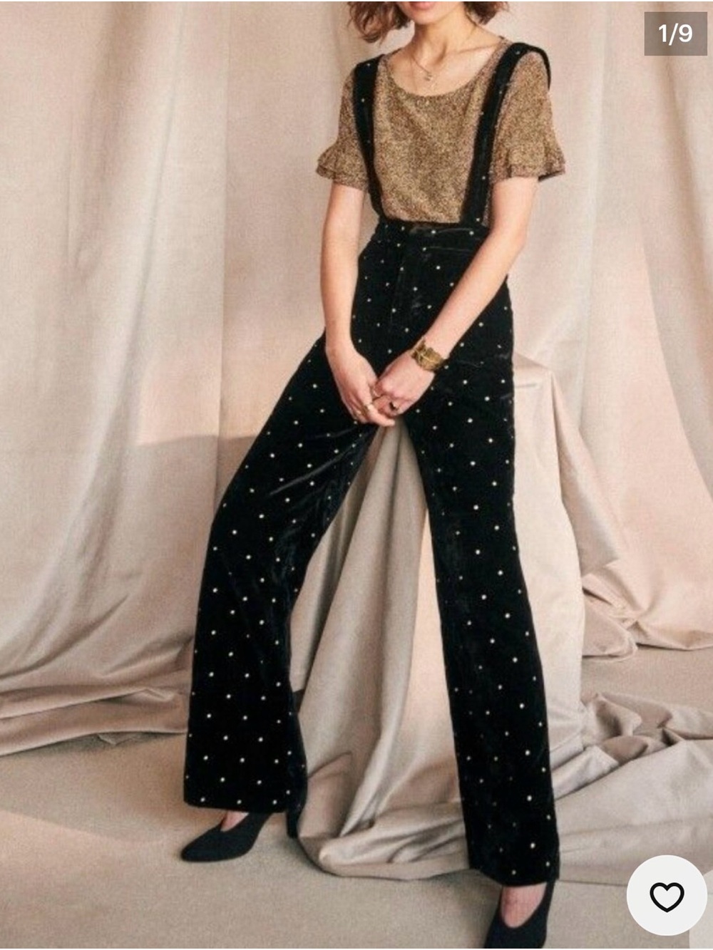 Sezane Black Velvet Gold Dot Embellished Wide-Leg Jumpsuit